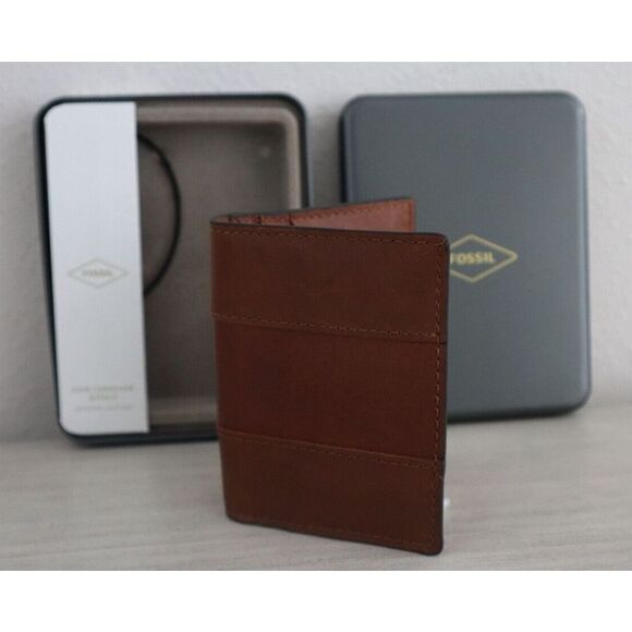 Fossil Medium Brown Everett Bifold Leather Wallet w/Metal Case RFID Protection - Picture 1 of 8